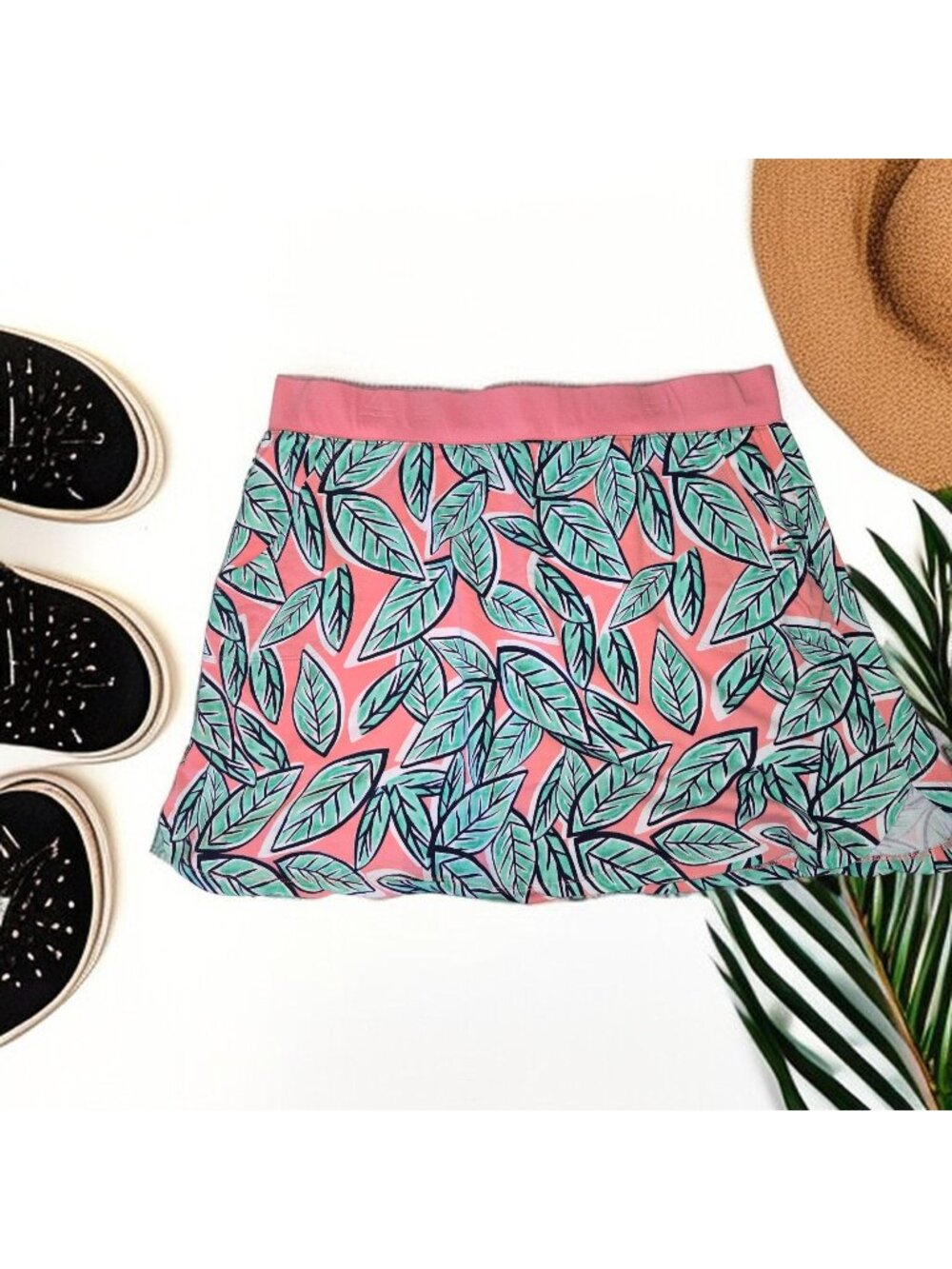 Crown & Ivy Skort Curvy Size 2X Womens Leaf Print Turquoise & Coral Pull On